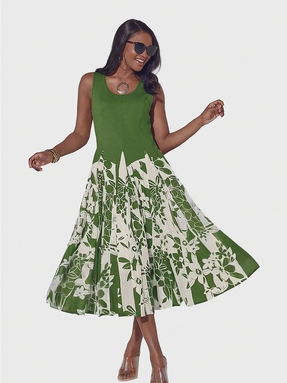Mixed Media Midi Dress, Solid Knit Top/Woven Floral Bottom - Picture 9 of 13